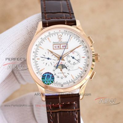 Best replica Jaeger-LeCoultre Master White Face Rose Gold Case Leather Strap Watch 